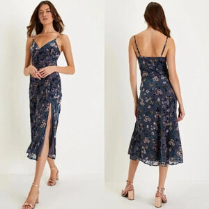Lulu's Divine Allure Slate Blue Floral Burnout Velvet Midi Dress Wedding Party